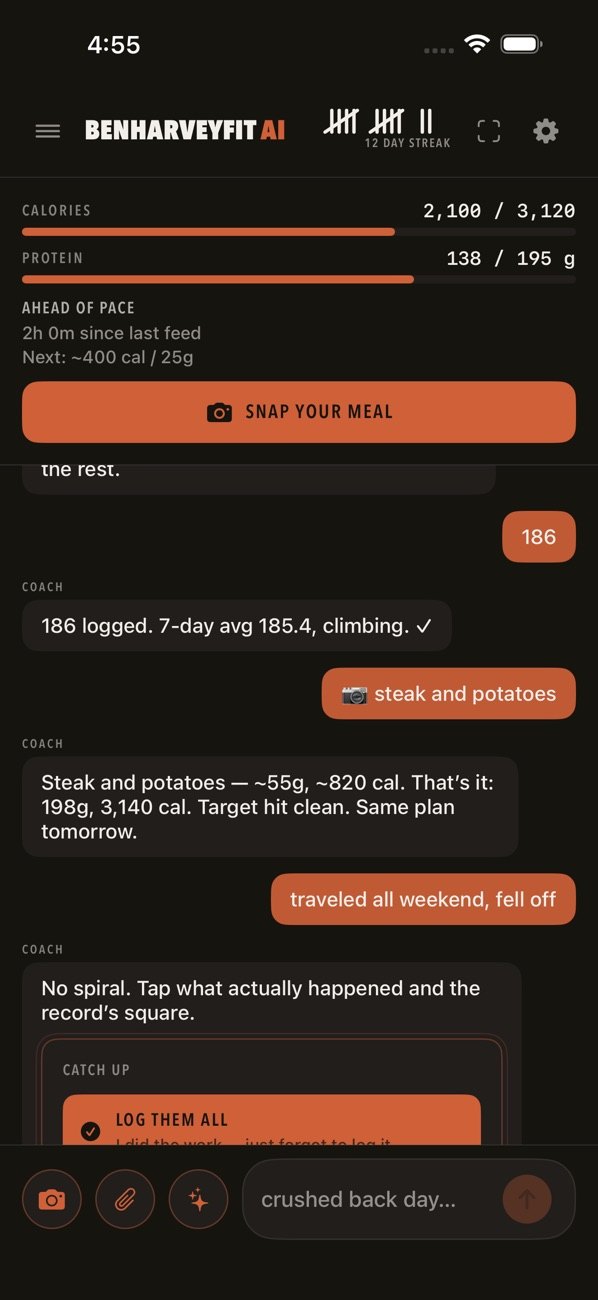 benharveyfit ai coach chat logging meals from a photo