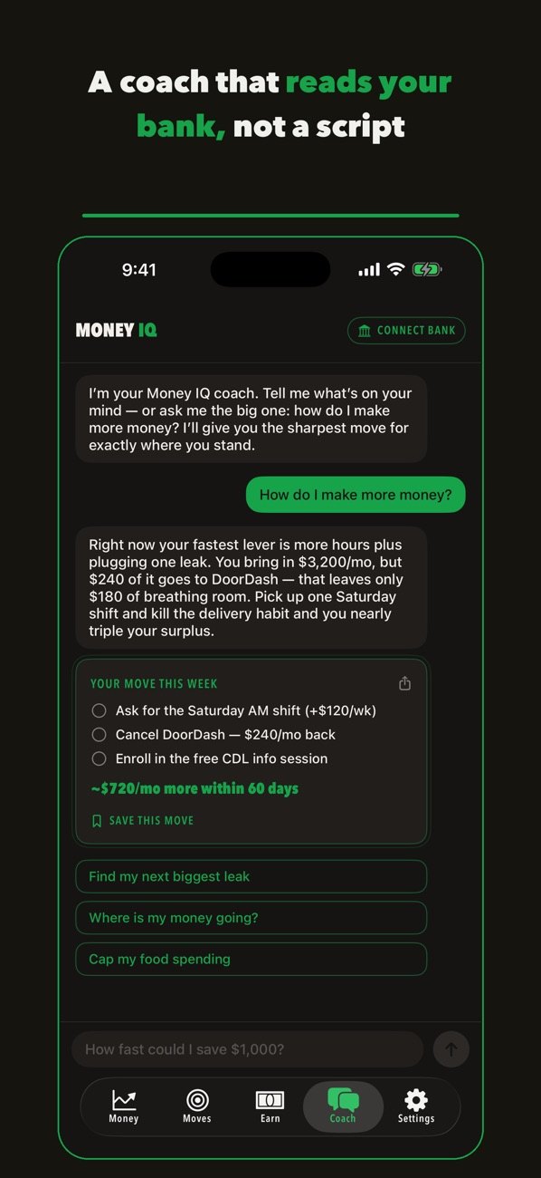 Money IQ coach reading a linked bank account and ranking moves